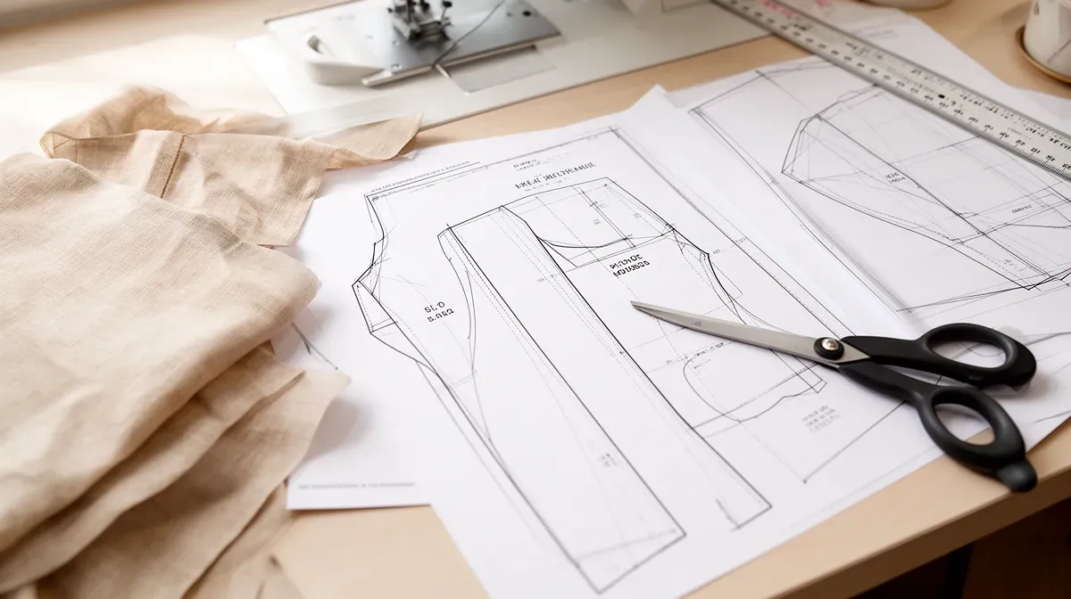 Table de couture avec patron PDF imprimé, tissu et ciseaux