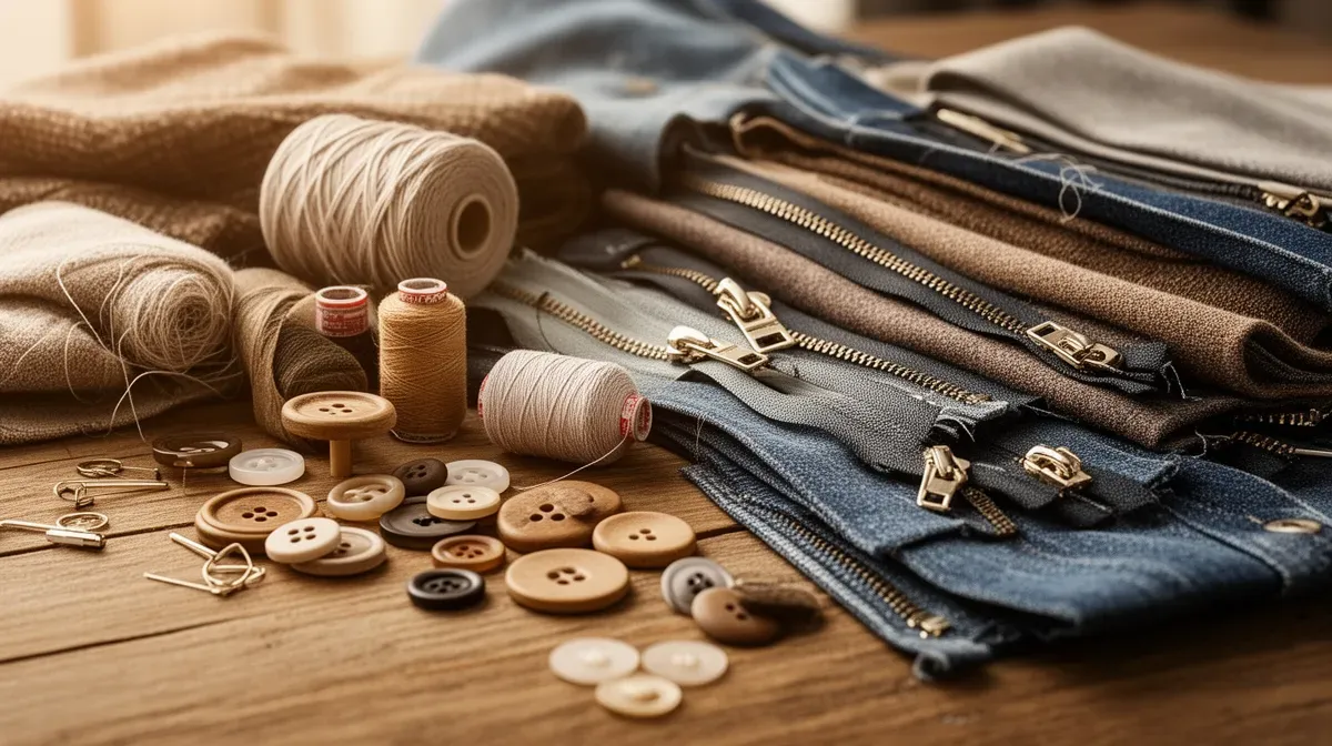 Tissus et fournitures de couture disposés sur une table en bois