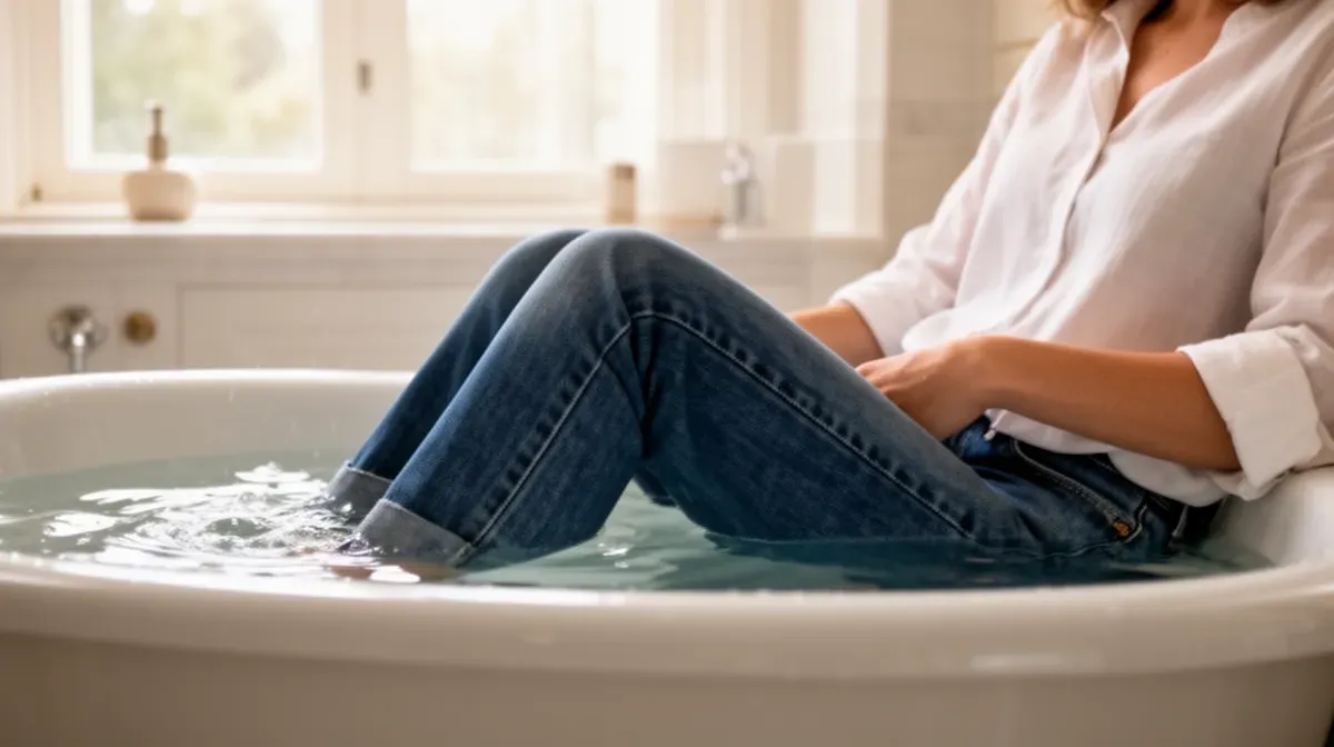 Personne portant un jean dans un bain chaud