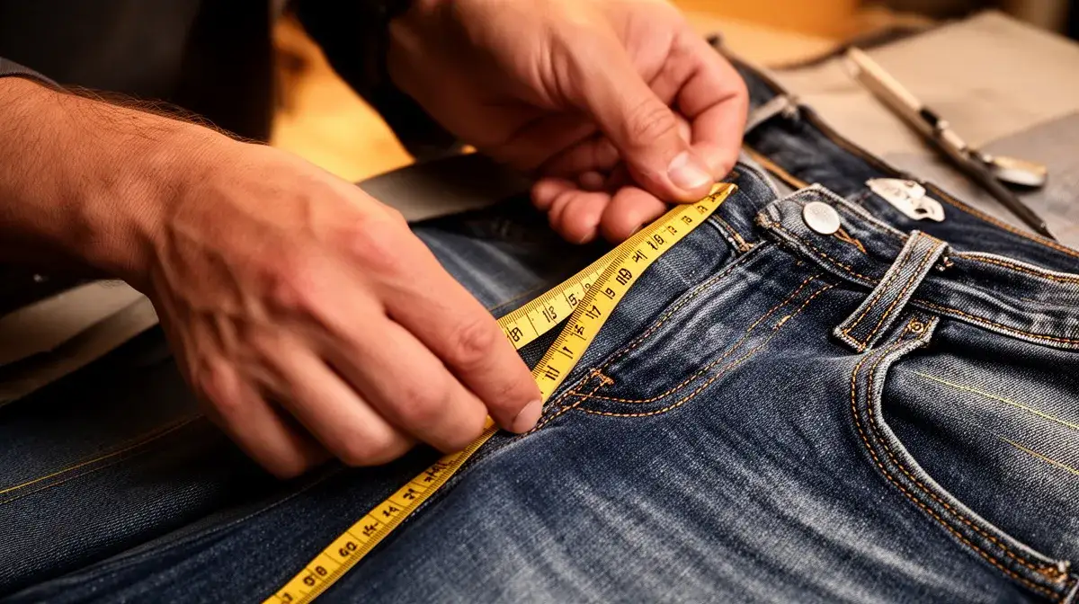Mains d'un tailleur mesurant un jean avec un mètre ruban