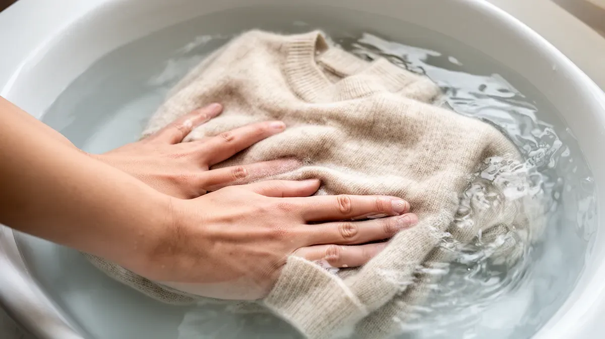 Mains pressant délicatement un pull en cachemire dans une bassine d'eau claire