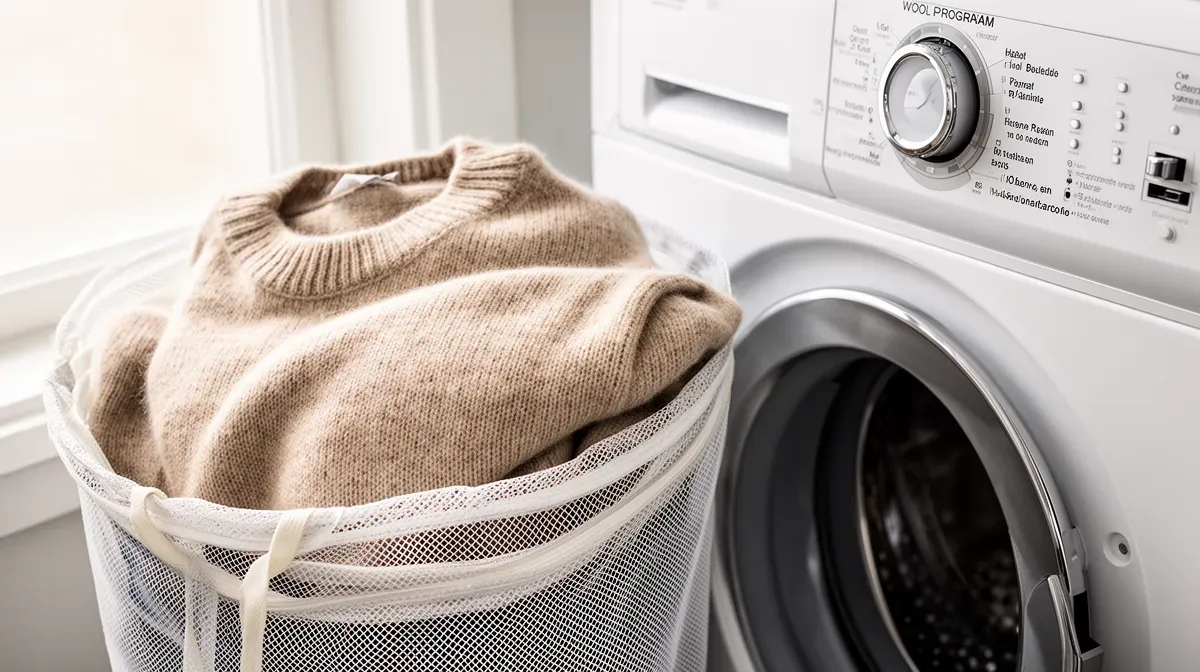 Pull en cachemire dans un filet de lavage à côté d'une machine à laver avec programme laine