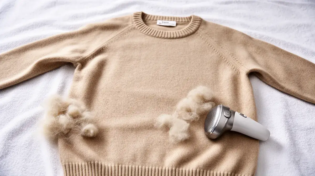 Pull en cachemire séché à plat avec des bouloches et un rasoir à tissu à proximité