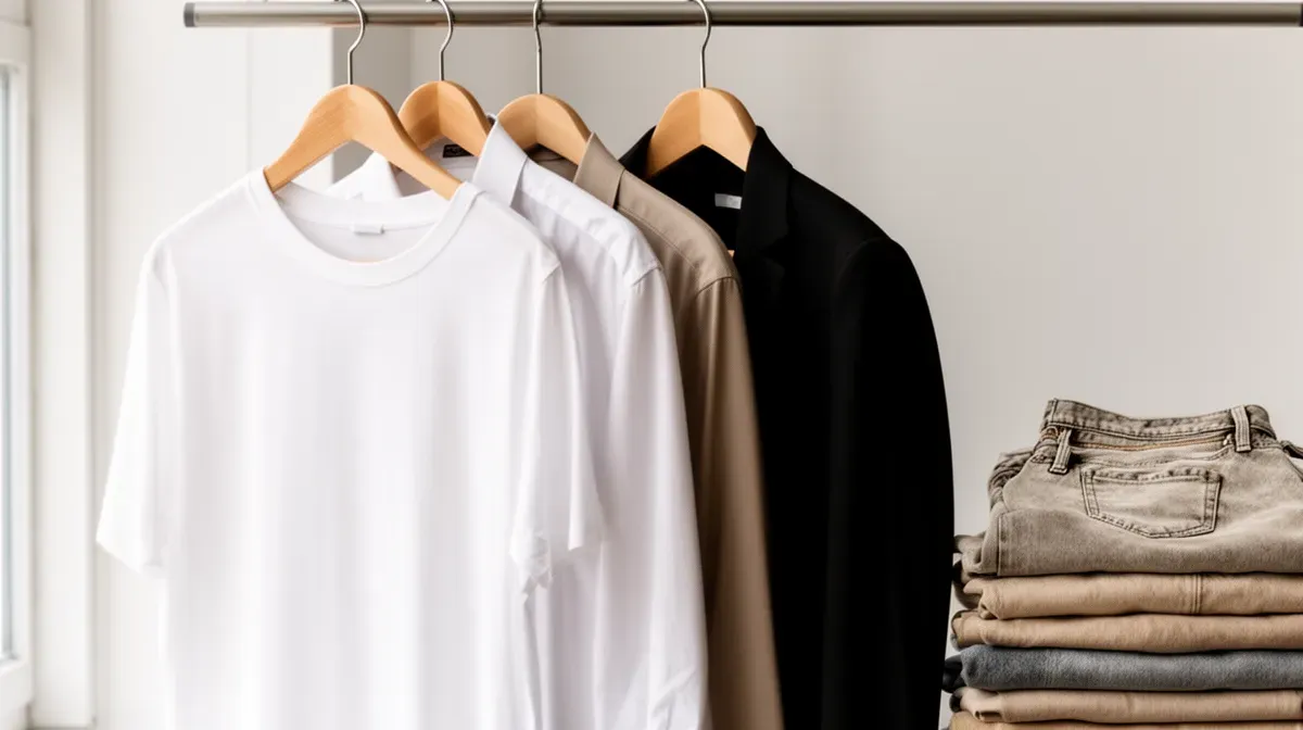 Garde-robe minimaliste avec des basiques intemporels sur cintres en bois, lumière naturelle