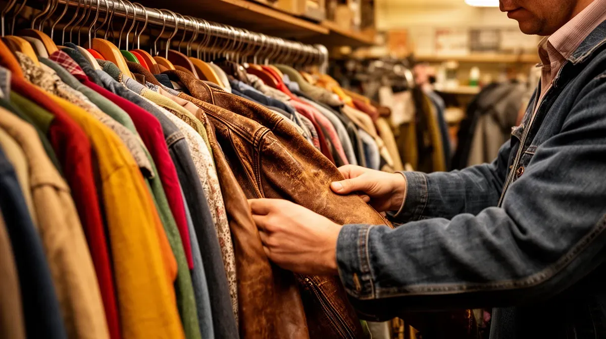 Personne fouillant dans une friperie à la recherche de bonnes affaires, ambiance chaleureuse