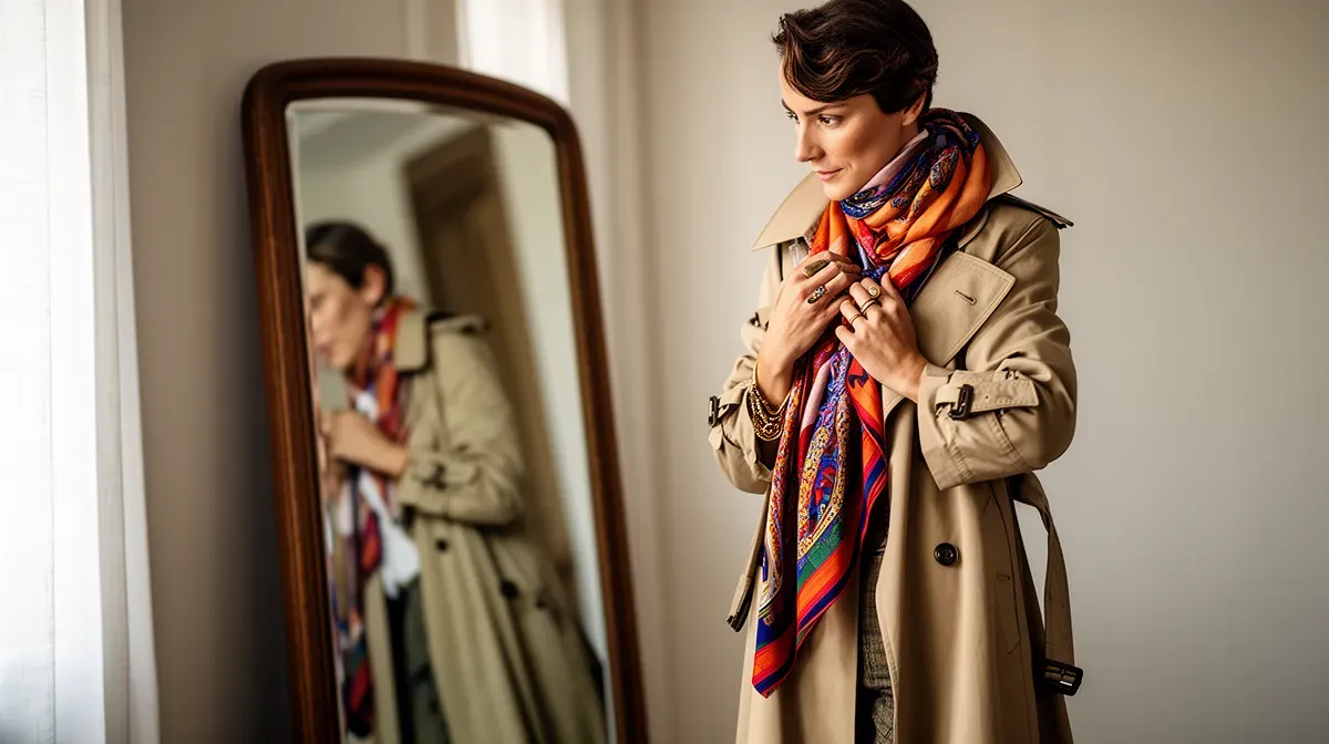 Personne ajustant une écharpe devant un miroir, reflétant un style personnel affirmé