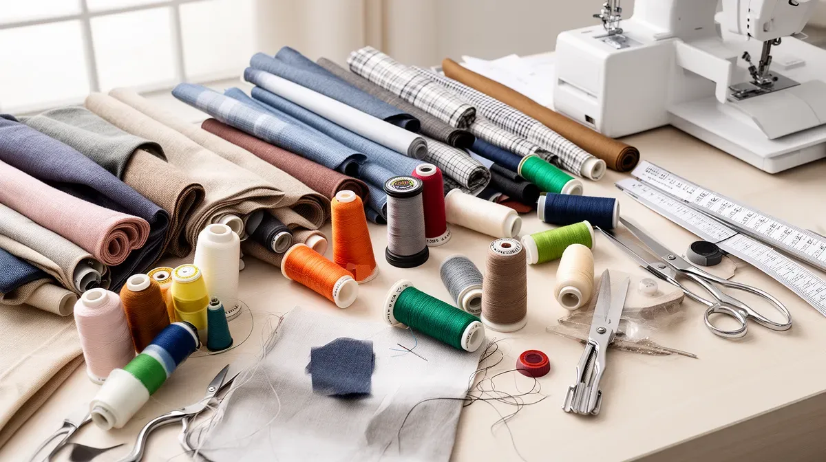 Table de travail de l'atelier avec des tissus en rouleaux, des fils et des accessoires de couture