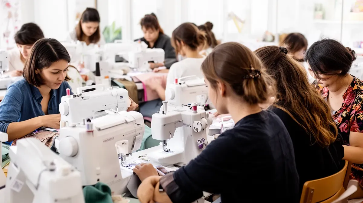 Cours de couture collectif à Coup de coudre, des participants cousent sur des machines JUKI