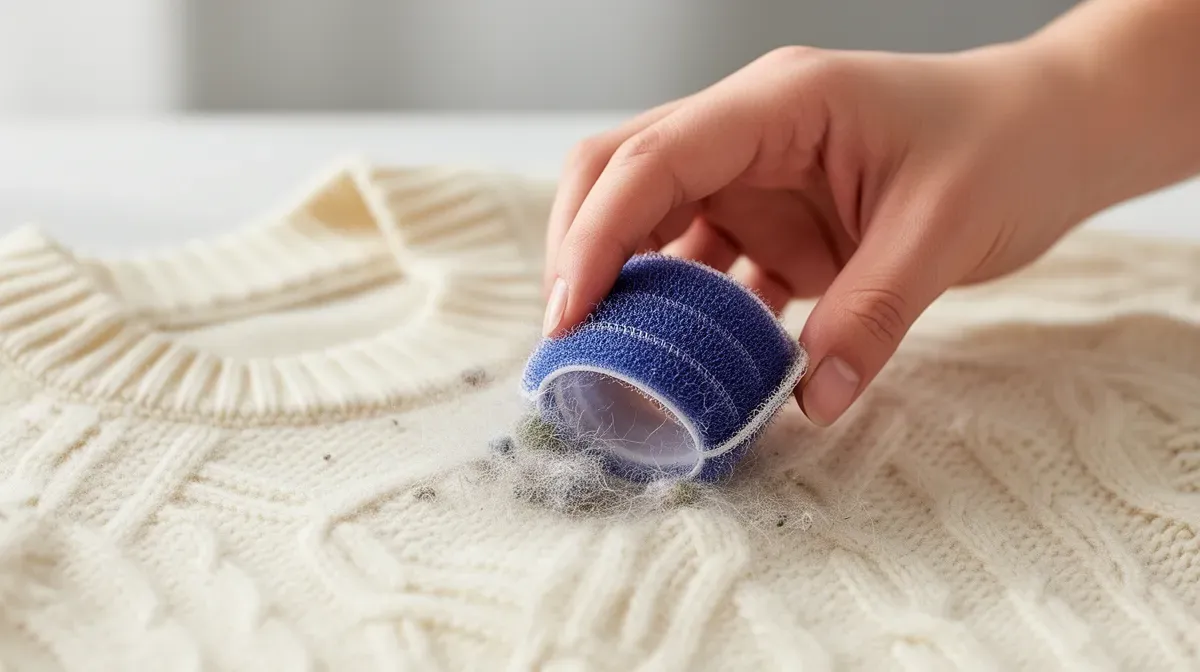 Gros plan sur une main utilisant un bigoudi pour enlever les bouloches d'un pull en maille délicate