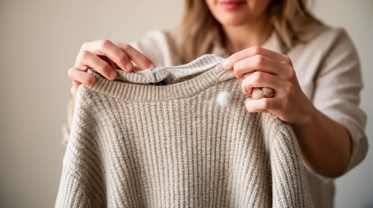 Personne inspectant un pull en laine pour vérifier la présence de bouloches
