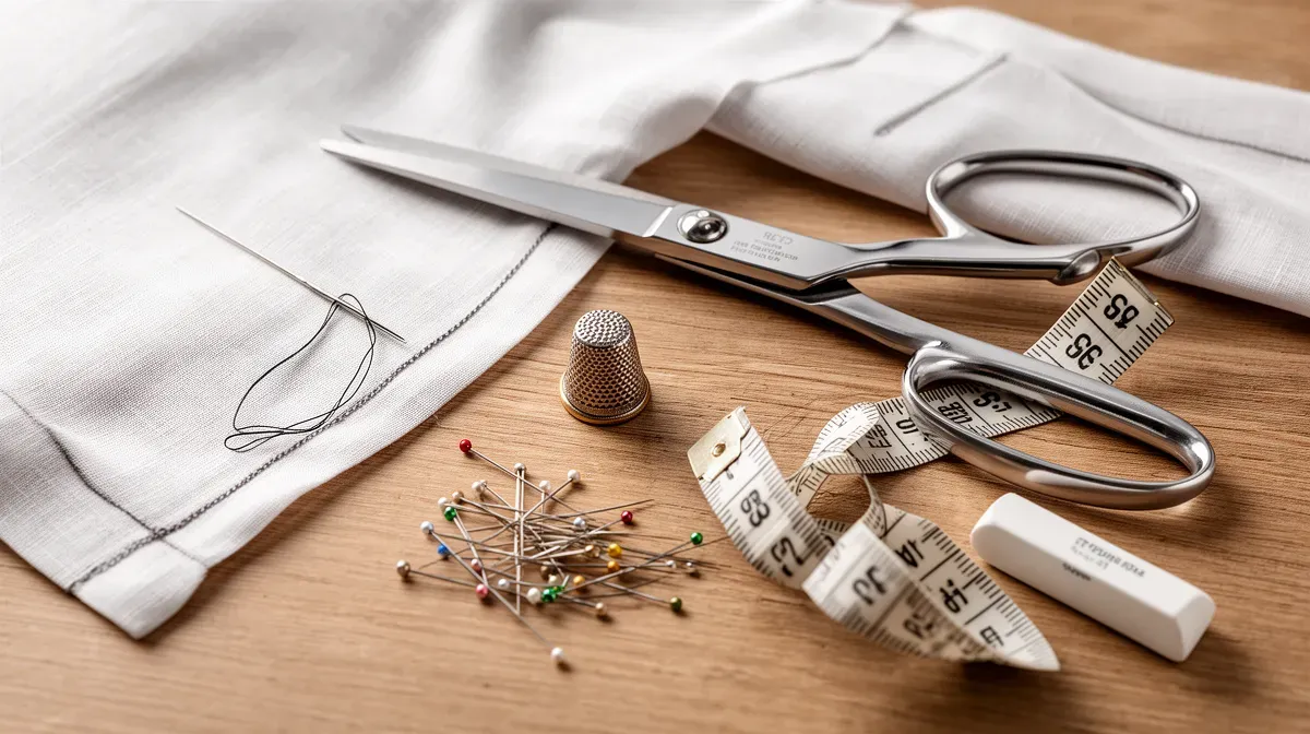 Matériel de couture pour ourlet à la main : aiguille, fil, dé, ciseaux, épingles, mètre ruban