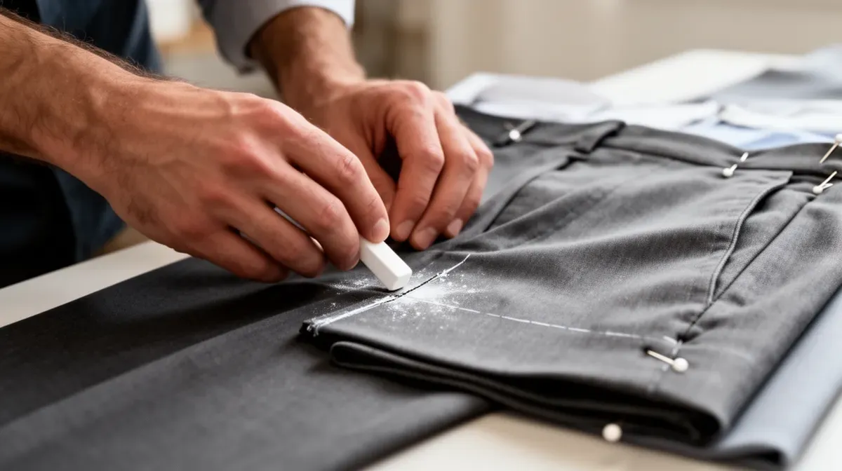 Marquage de la longueur d'un ourlet de pantalon à la craie de tailleur