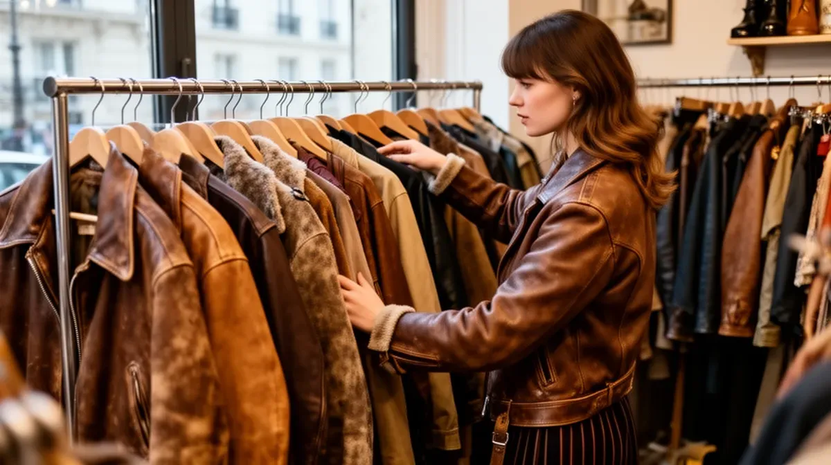 Jeune femme cherchant une veste vintage dans une friperie tendance à Paris