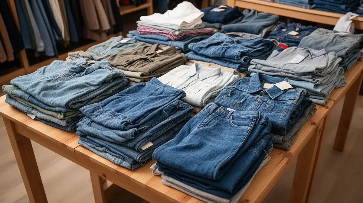 Vêtements de seconde main pliés et rangés sur des tables en bois dans une friperie solidaire