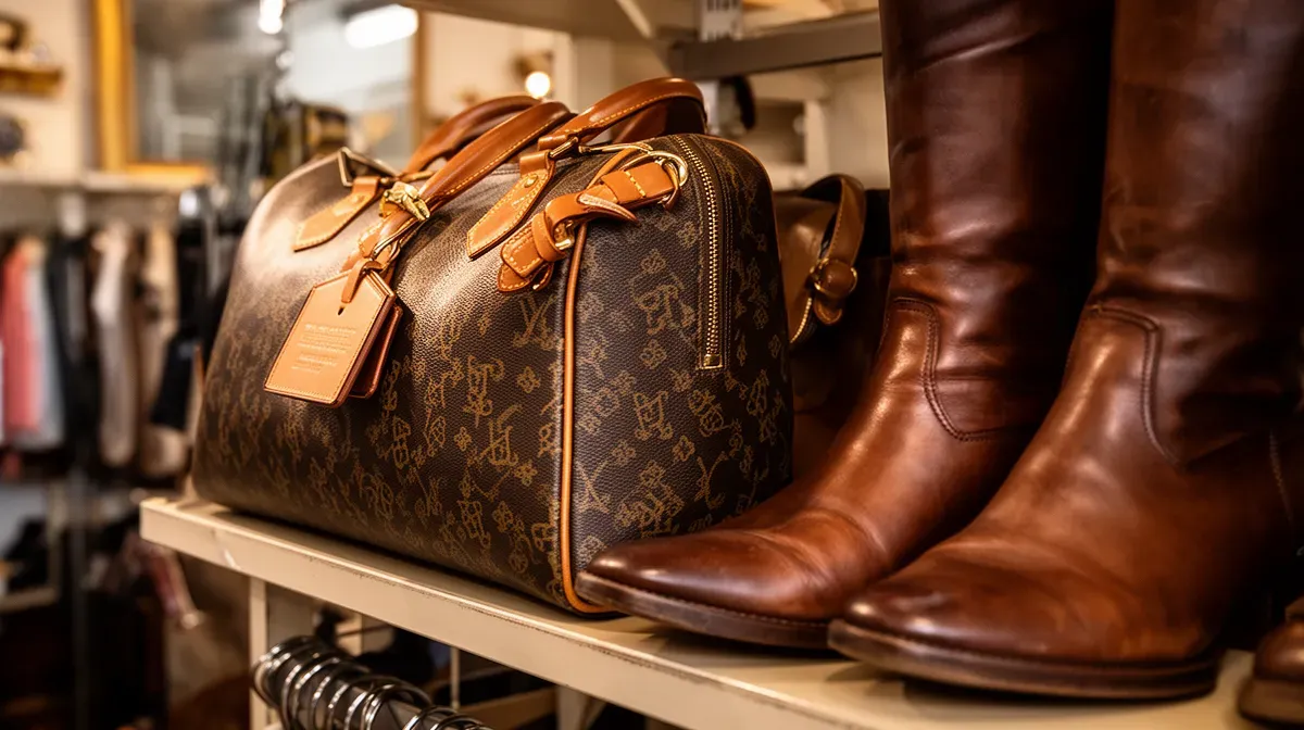 Sac à main vintage et bottes en cuir exposés dans une friperie de créateurs