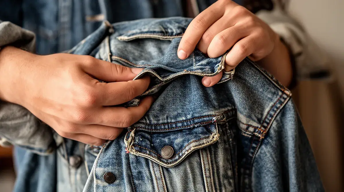 Mains inspectant une veste en jean vintage dans une friperie