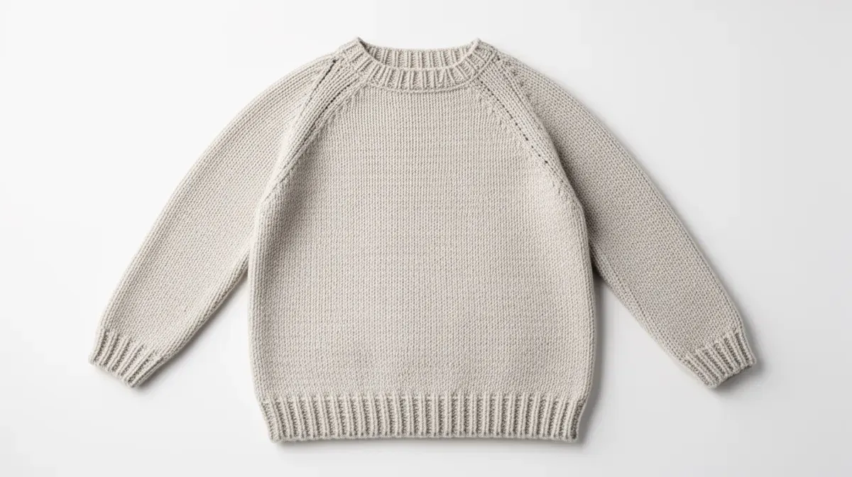 Pull tricoté de style simple et épuré, posé à plat sur fond blanc, vue de dessus