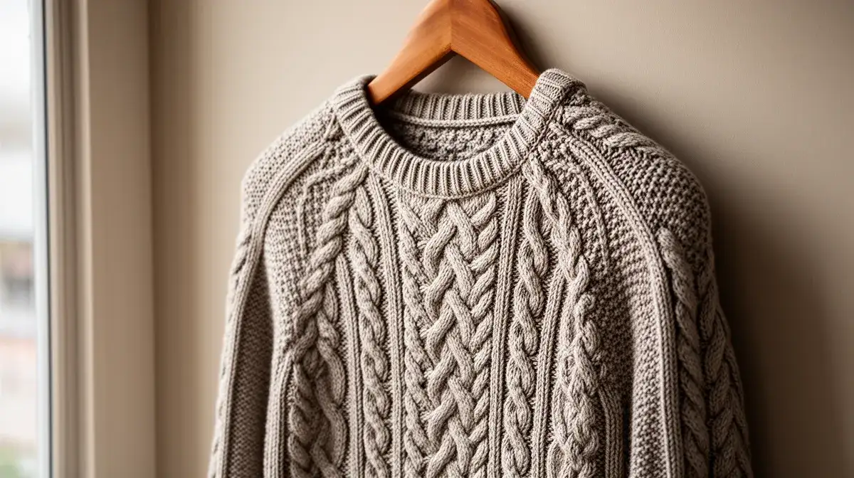 Pull tricoté avec des motifs de torsades complexes, suspendu à un cintre en bois