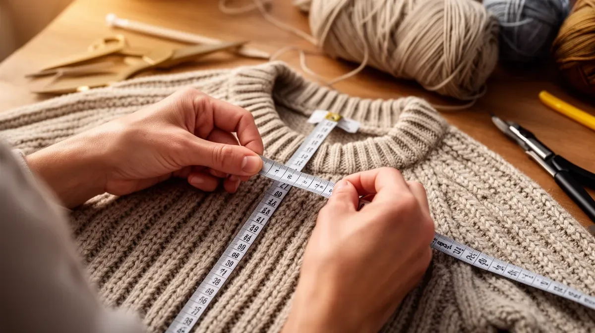 Mains mesurant un pull tricoté avec un mètre ruban, gros plan sur le geste précis