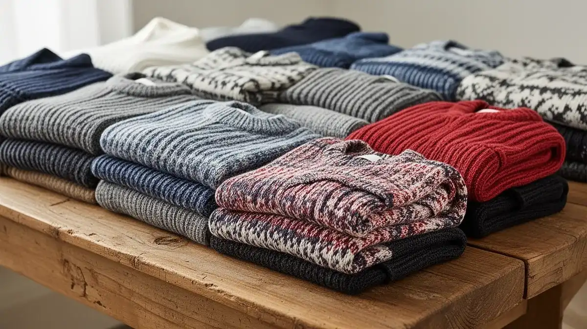 Collection de pulls femme tricotés de différentes couleurs et motifs pliés sur une table en bois