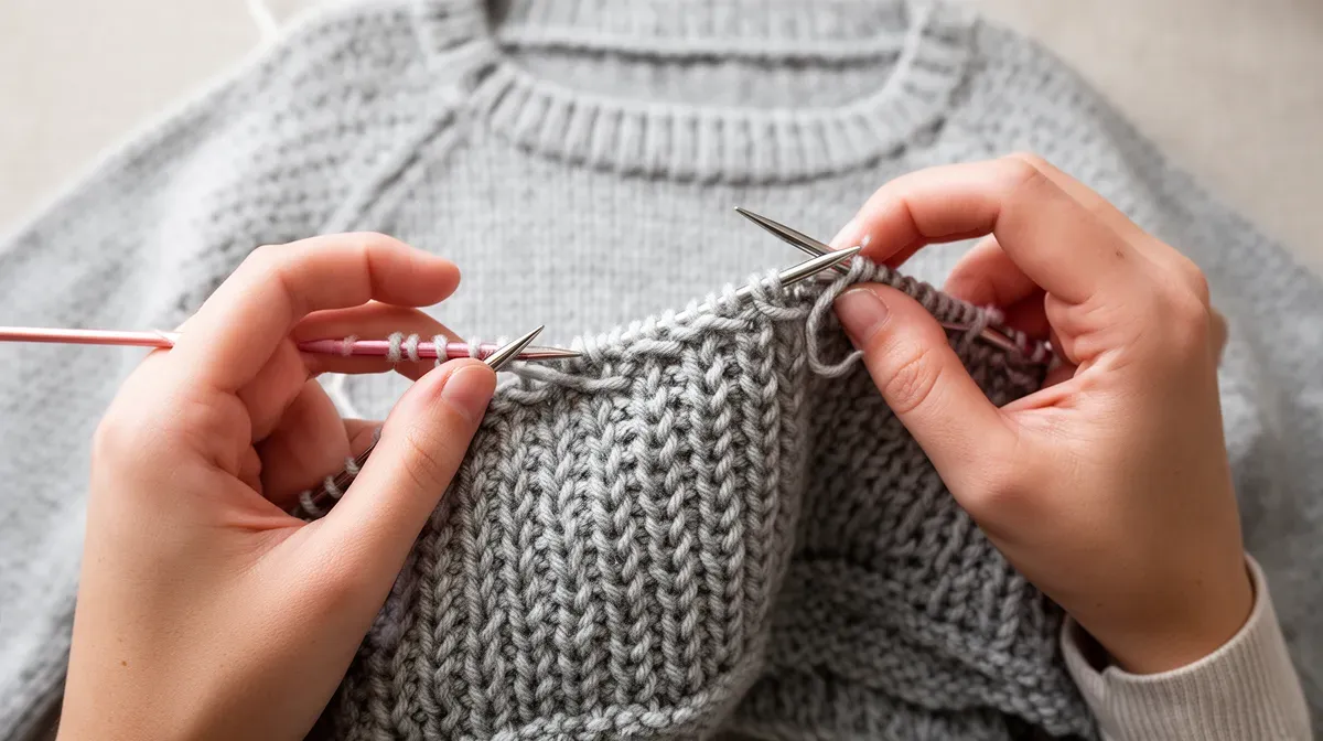 Gros plan sur des mains en train de tricoter un pull avec un point simple