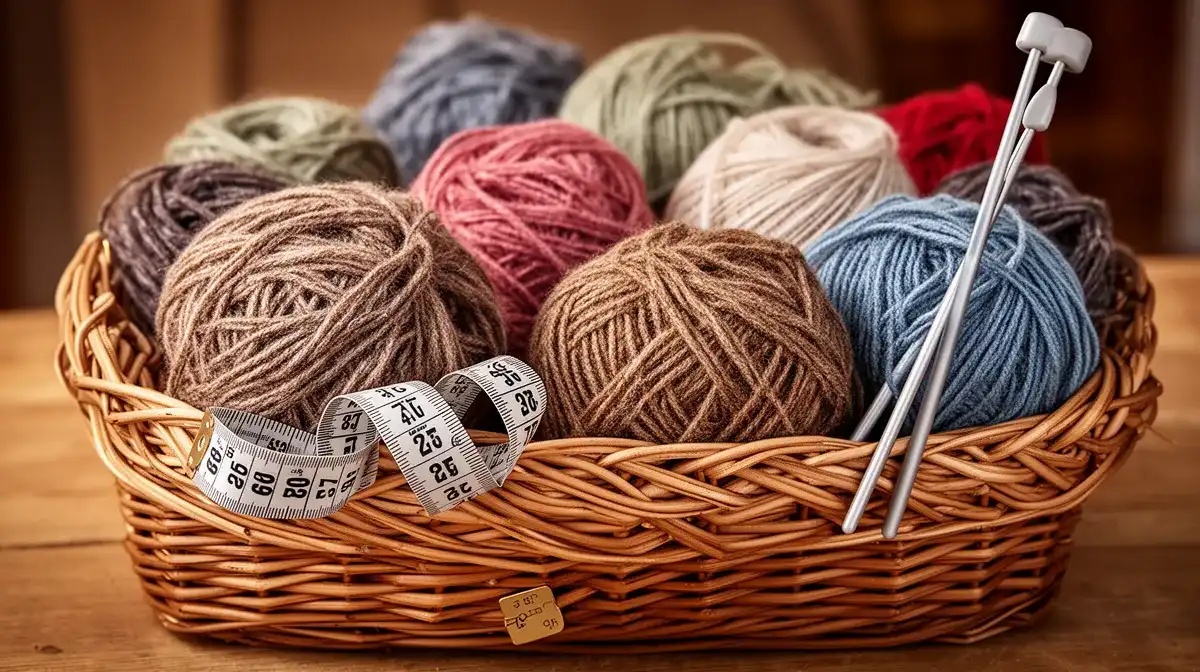 Panier en osier rempli de pelotes de laine de différentes couleurs et textures avec accessoires de tricot