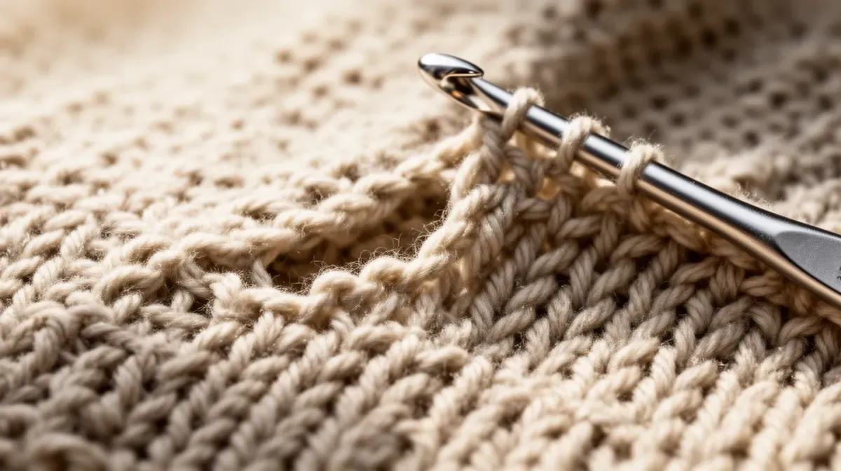 Gros plan sur un tricot avec une maille lâchée et un crochet à proximité pour la réparer
