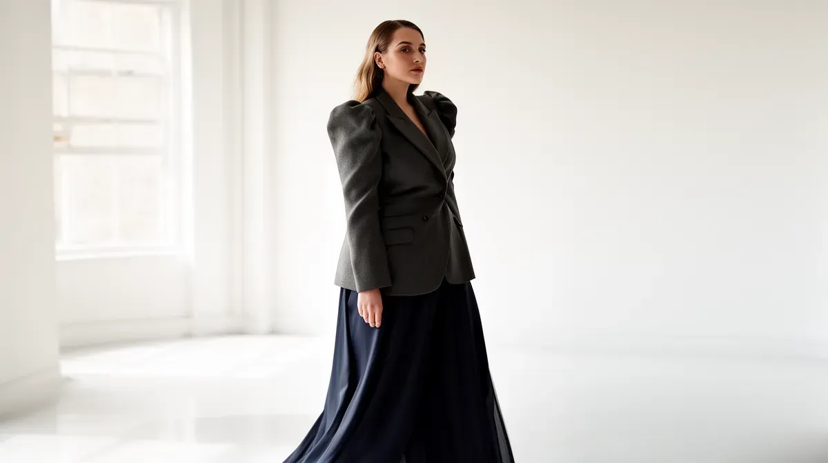 Look 1 : blazer à épaulettes et pantalon fluide sur une silhouette en A