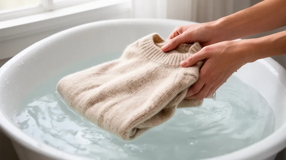 Gros plan sur des mains qui rincent délicatement un pull en cachemire dans une bassine d'eau claire