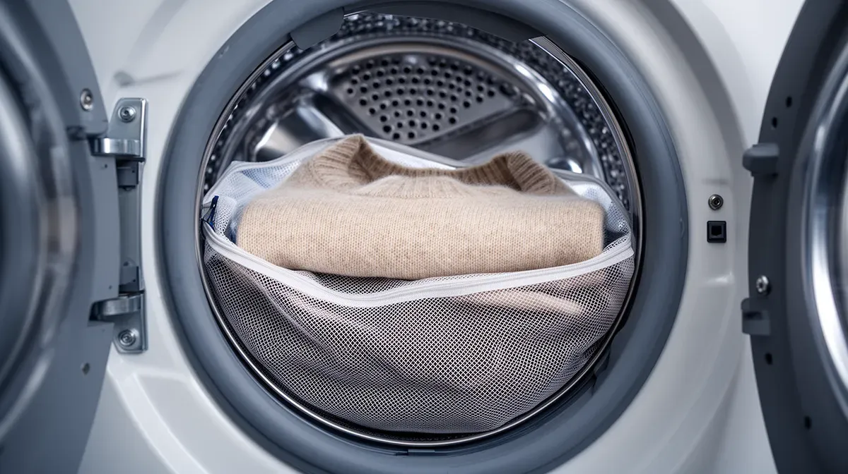 Un pull en cachemire dans un filet de lavage placé dans le tambour d'une machine à laver