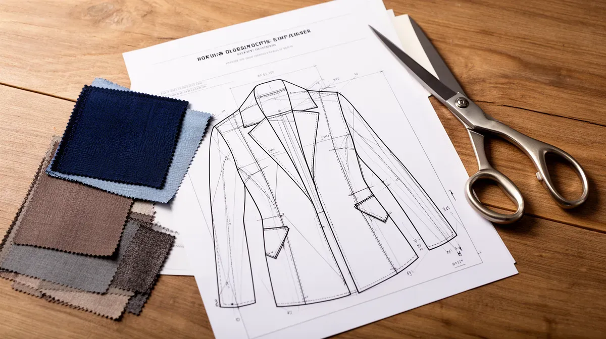 Patron de couture de veste femme avec tissus et ciseaux sur une table