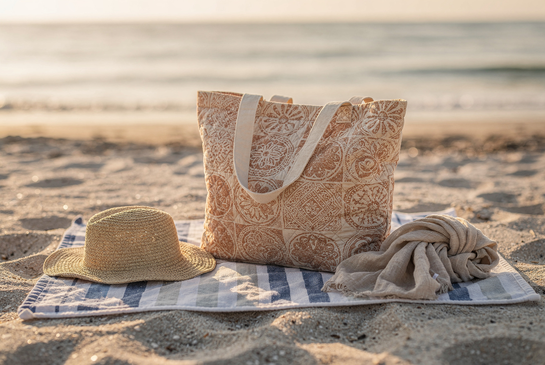 Sac cabas en coton matelasse terracotta pose sur une serviette rayee au bord de la mer, a cote d un chapeau de paille et d un pareo en lin