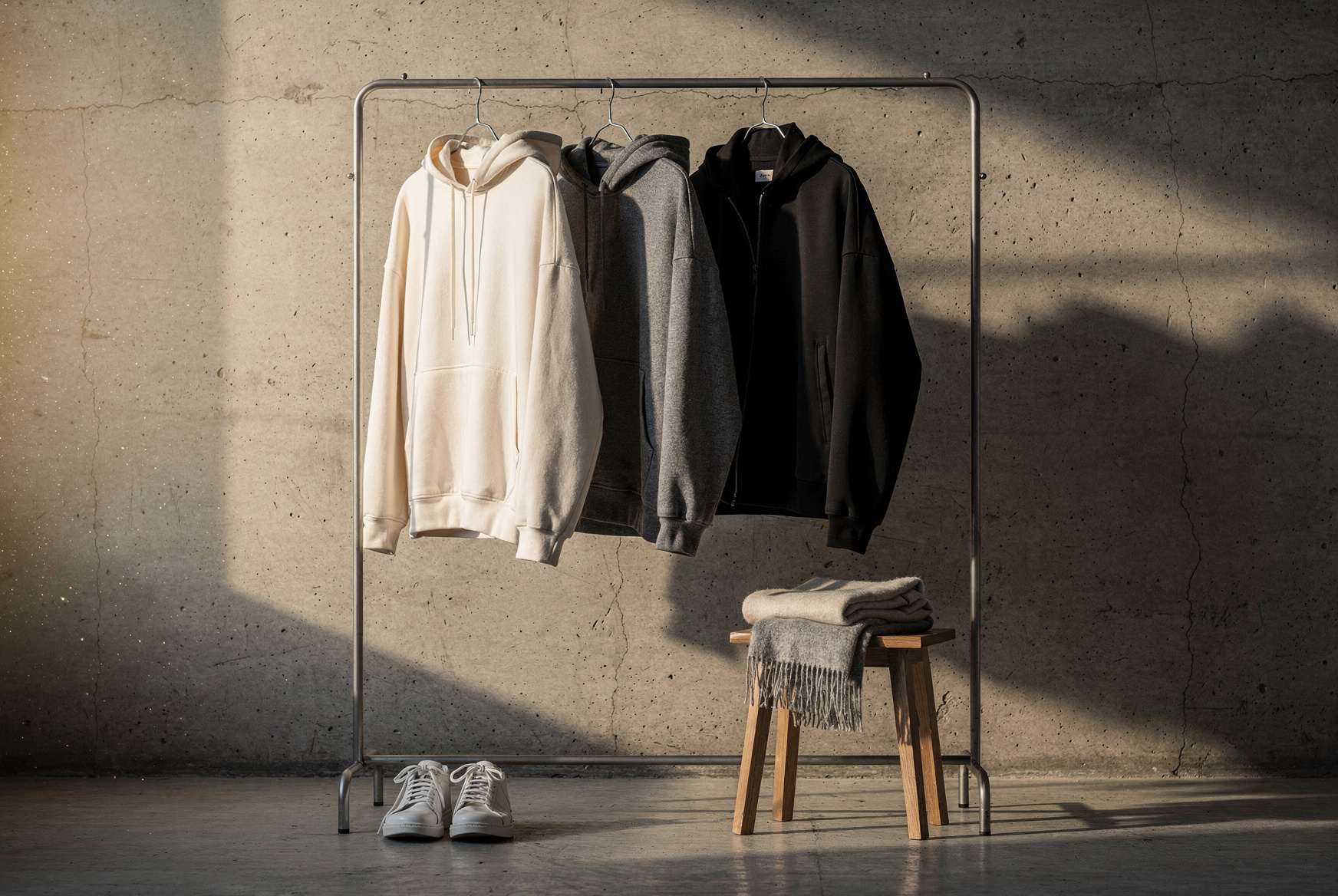 Portant avec trois hoodies streetwear crème, gris et noir devant un mur en béton