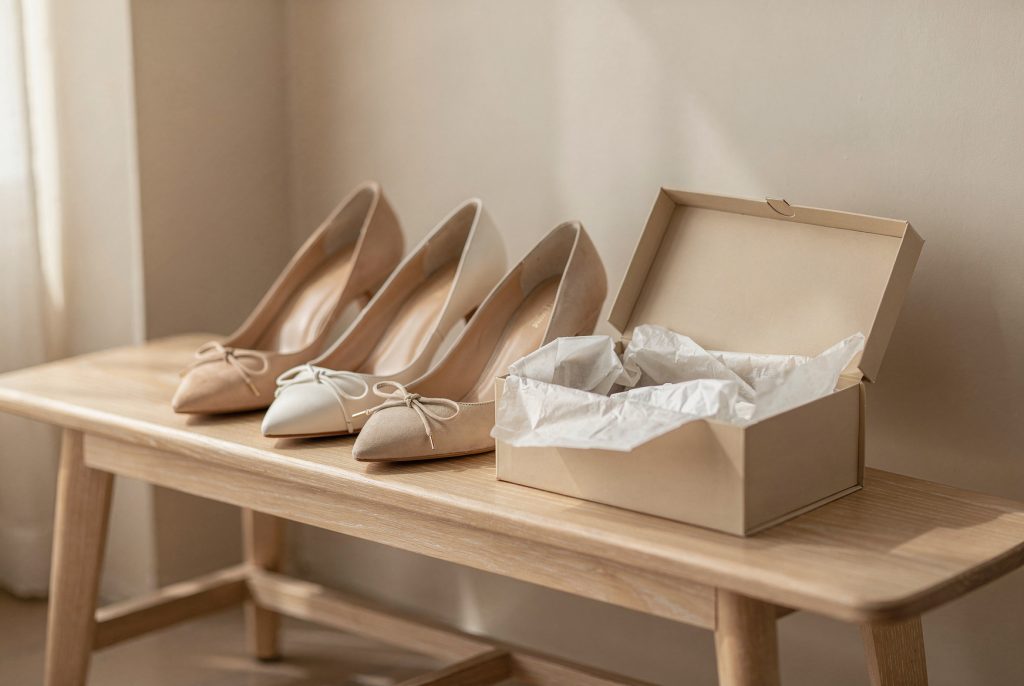 Trois paires de chaussures femme beiges alignées sur un banc en bois à côté d'une boîte à chaussures ouverte